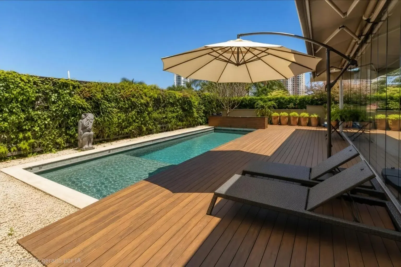 Piscina com deck de madeira, guarda-sol e jardim vertical ao fundo